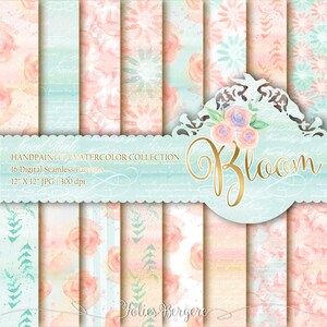 Peach and Mint Digital Paper Pack Watercolor Flowers Hand Painted Clipart Seamless Patterns Printable Blush Rose French Mint Paper Scrapbook