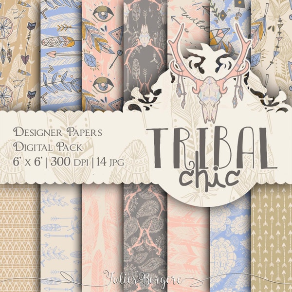 Tribal Paper Pack Boho Chic Digital Paper Hippie Patterns Printable Feathers Dream Catcher Aztec Maya Animal Skull Backgrounds Summer Papers