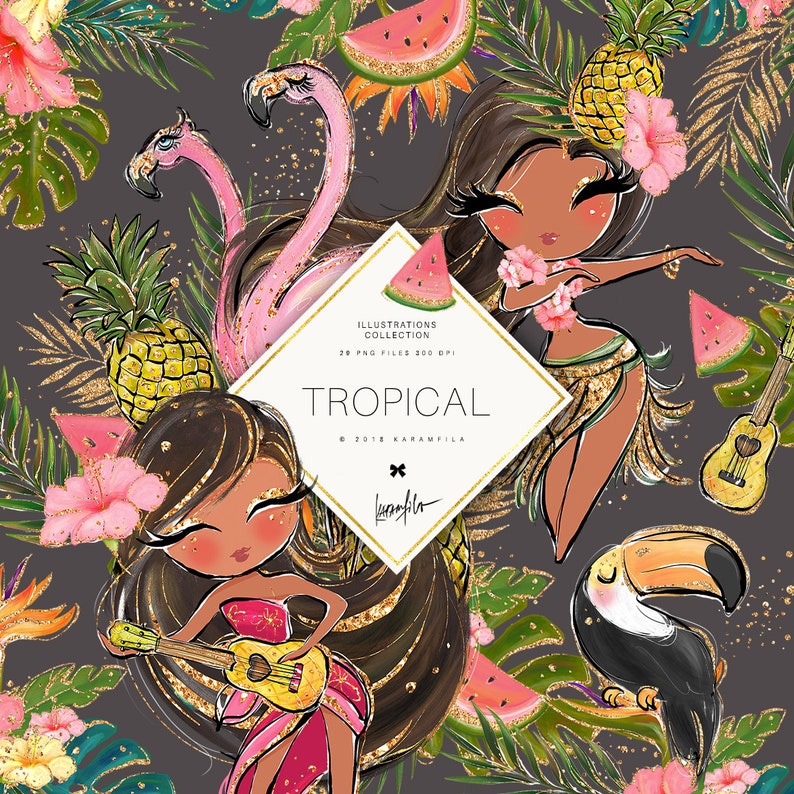 Tropical Clipart Glitter Flamingo Clipart Hula Girl Hawaii Aloha Clipart Watermelon Pineapple Clipart Ukulele Toucan Summer Planner Stickers