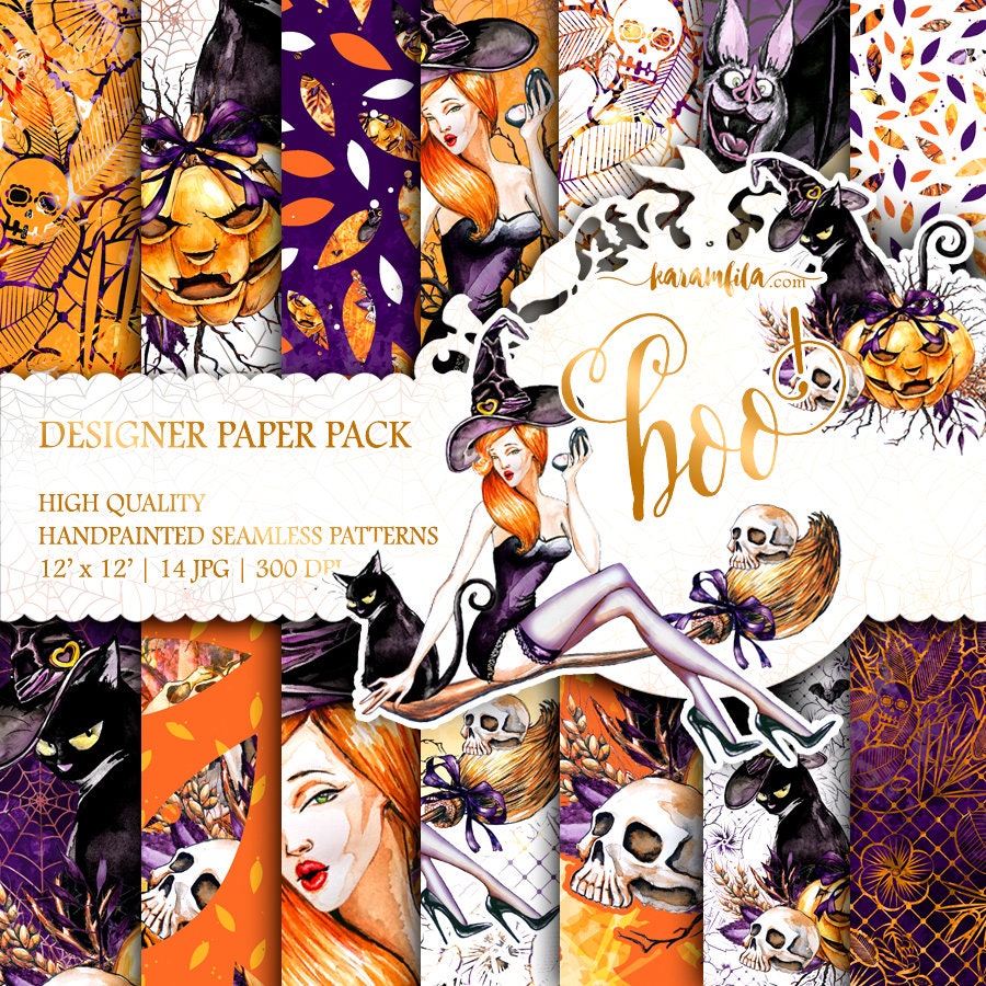 Halloween Paper Pack Watercolor Fall Backgrounds Cute Pumpkin Digital…