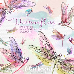 Watercolor Dragonfly Clipart Colorful Wreath Peach Pink Purple Turquoise Red Azure Handpainted Insects Digital Clipart Wedding DIY Pack