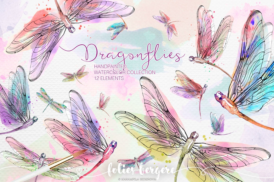 Watercolor Dragonfly Clipart Colorful Wreath Peach Pink Purple Turquo…