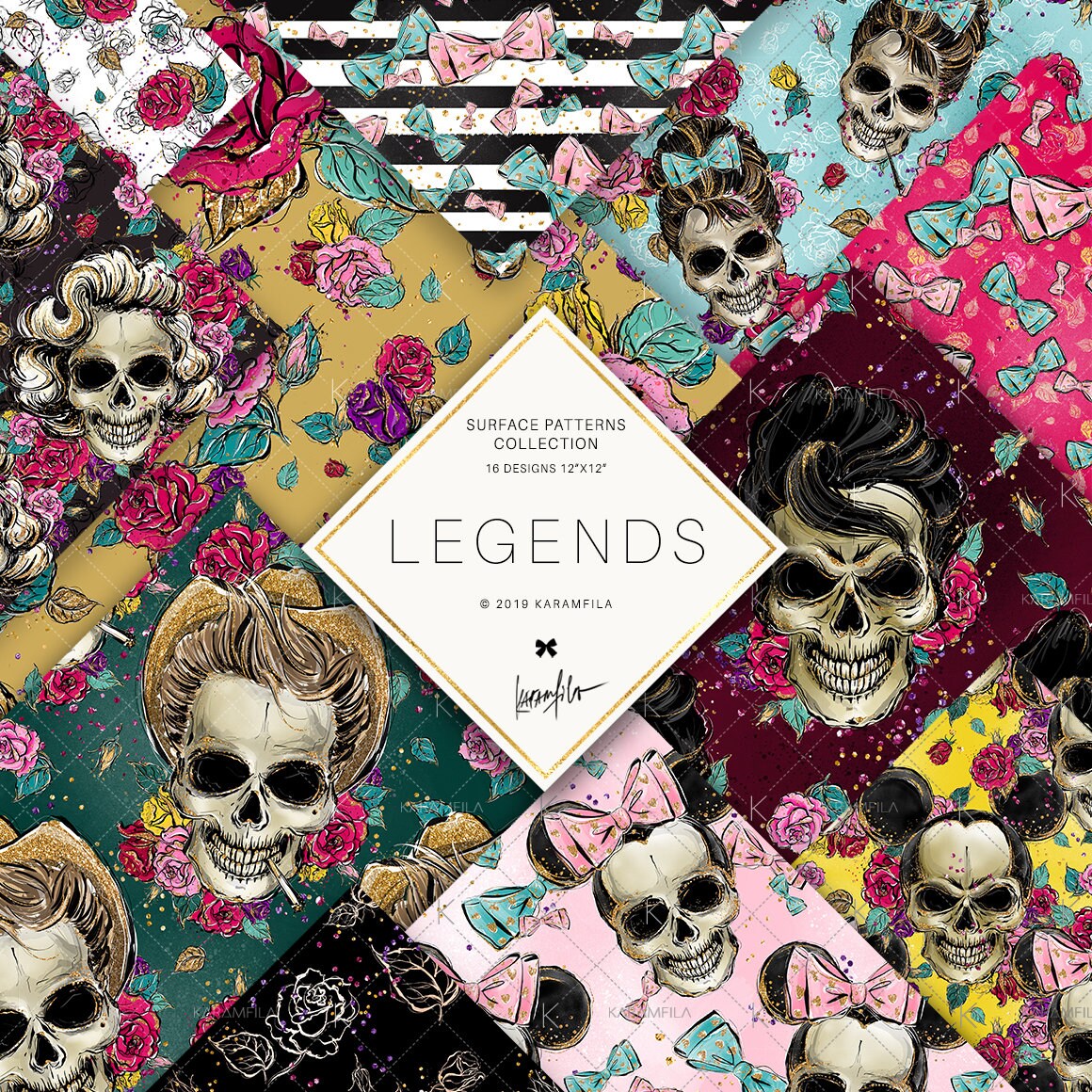 Art &amp; Collectibles Boho Skulls Digital Paper seamless floral skull ...