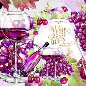 Wine Clipart Autumn Clipart Valentines Clipart Watercolor Fruit Clipart Fall Clipart Grapes Clipart Wedding Invitation DIY Planner Stickers