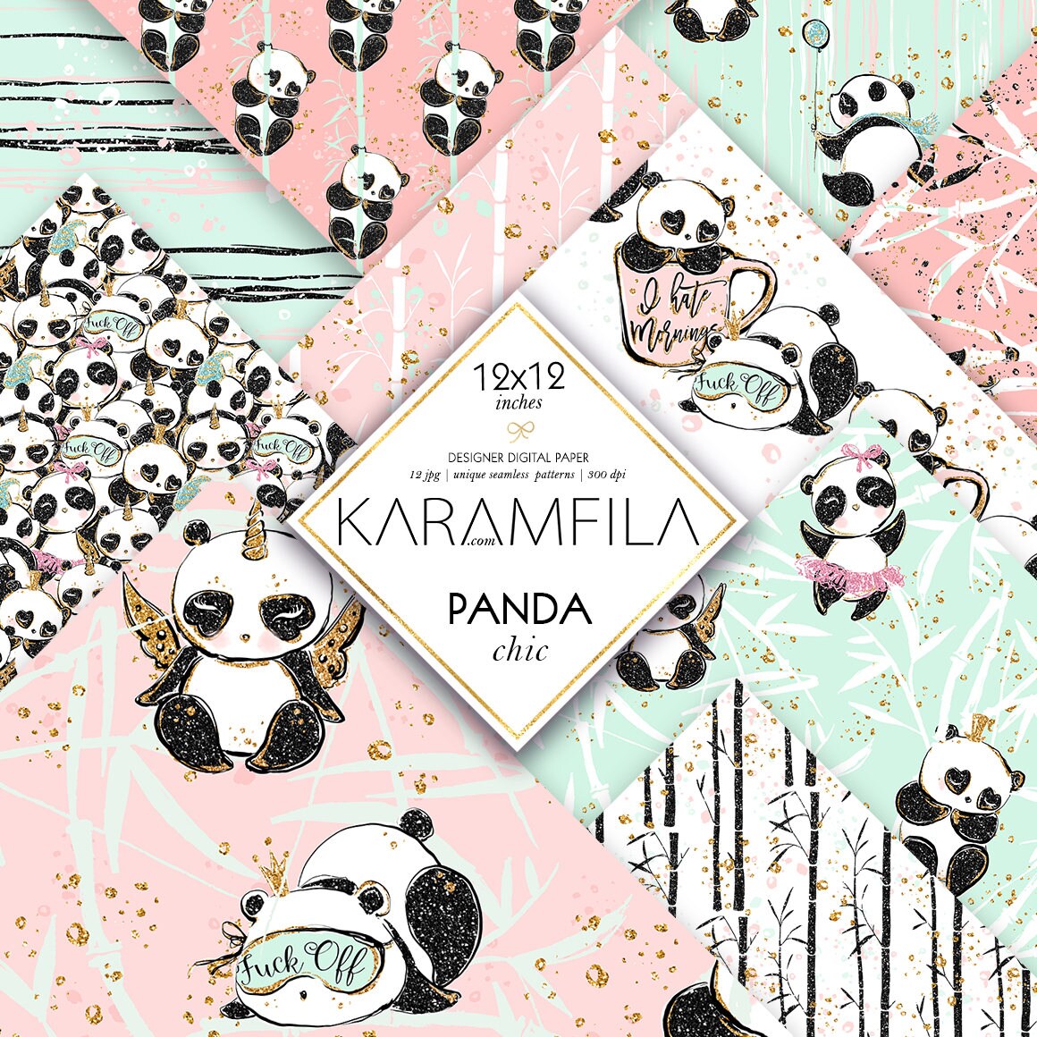 Cute Panda Digital Paper, Pandas Planner Stickers Paper Pack, Digital…