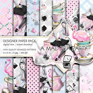 Alice's Adventures in Wonderland Paper Pack Fashion Fairytale Sublimation Patterns Flamingo White Rabbit Tea Party Girly Planner Stickers