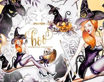 Halloween Clipart Fall Watercolor Happy Halloween DIY Pack Pumpkin Lantern Hat Witch Broomstick Bat Black Cat Handpainted Illustrations