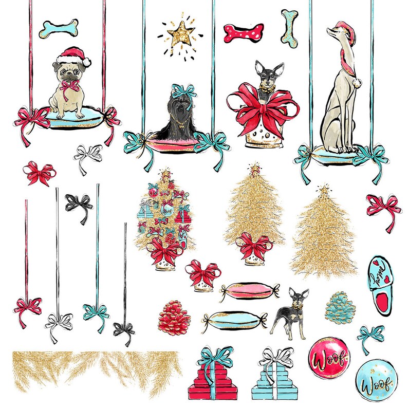 Christmas Pets Clipart Cute Dogs Winter Clipart Christmas Tree Gifts Clip Art Xmas Planner Gold Glitter Stickers New Years Party Clipart image 6