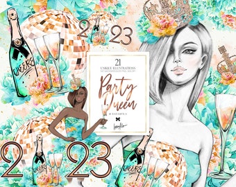 Party Girl Clipart, New Years Clipart Fashion Illustrations Blog Graphics Queen Diamond Crown Watercolor Peonies Disco Ball Gold Peach Mint