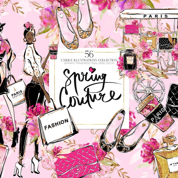 Spring Fashion Clipart, Paris Flower Cart Clip Art, Hot Pink Floral Clipart, Watercolor Peonies, Dark Skin XXL Girl Planner Stickers Clipart