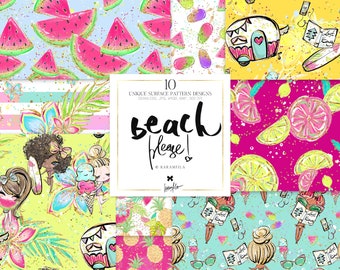 Karamfila's Beach Patterns, Summer Digital Paper, Summer Planner Stickers, Beach Summer Tropical Fabric Patterns.