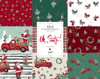 Santa Claus Christmas Digital Paper, Xmas Surface Patterns, Karamfila's Christmas Truck Planner Stickers, Fabrics Sublimation Printing.