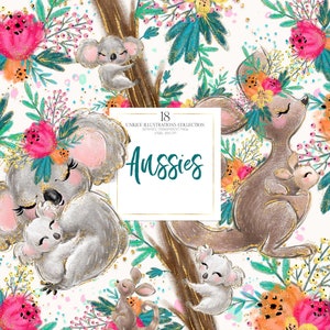 Koala & Kangaroo Clipart, Aussie Animals Planner Stickers Clipart, Australian Glitter Whimsical Print on Demand Illustrations.