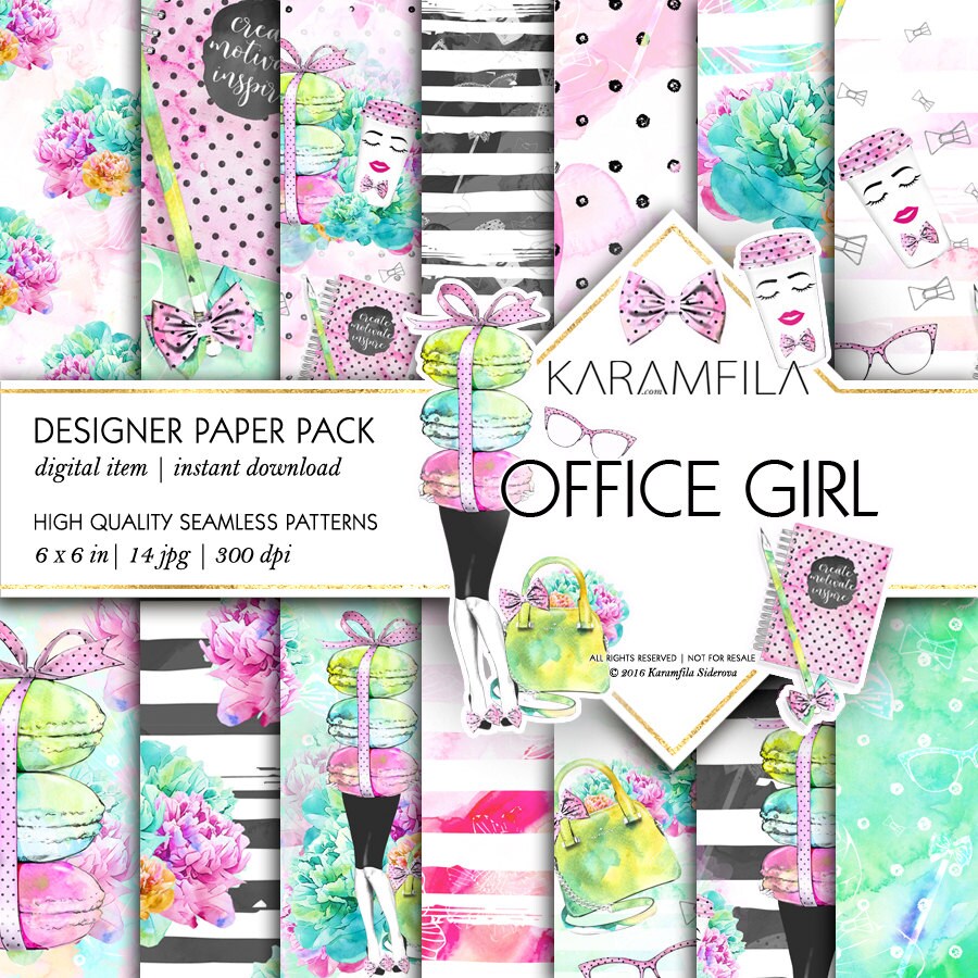 Office Girl Paper Pack Working Girl Boss Digital Backgrounds Watercol…