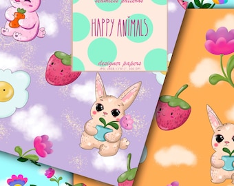 Happy Animals Digital Papers, High Quality Designs, 11 JPGs - Digital Print, Watercolour, Commercial Use - Digital Download