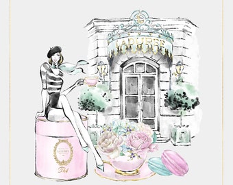 Paris Fashion Girl Clipart French Macaroons Planner Clipart Teatime Floral Paris Patisserie Clip Art Sublimation Print PNG Design