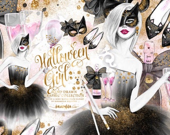 Halloween Clipart, Watercolor Fashion Illustration Halloween Party DIY Pack Black Cat Domino Mask Tutu Dress Gold Glitter Champagne Clipart