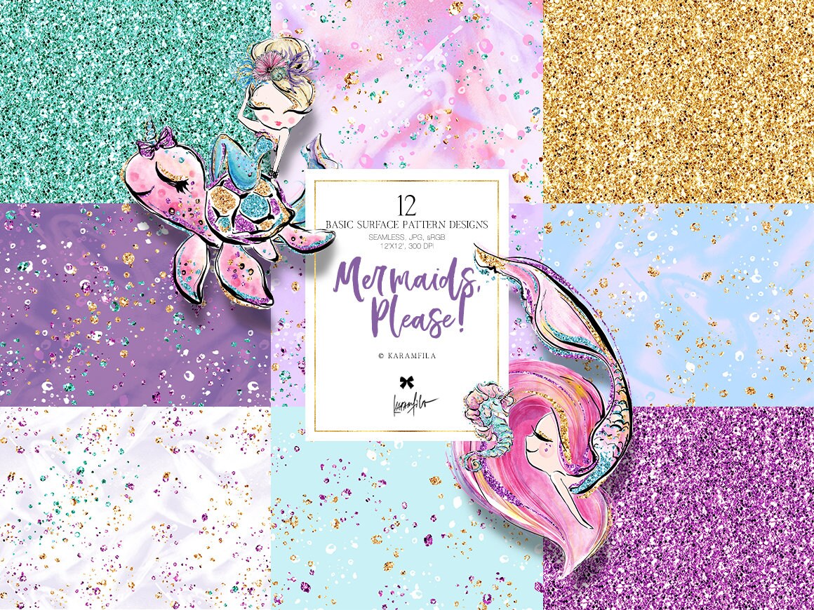Karamfilas' Mermaids & Unicorns Basic Glitter Digital Paper Pack.…