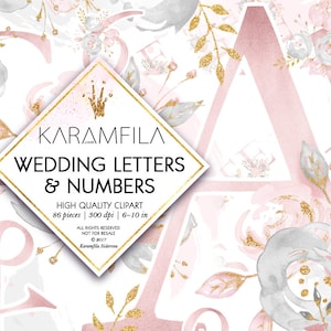 Wedding Clipart Rose Gold Wedding Alphabet Clipart Gold Foil Letters Numbers Watercolor Floral Blush Flowers Peony Clip Art Planner Supplies