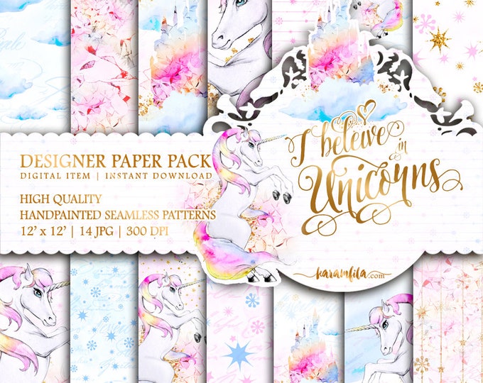 Cute Unicorns Paper Pack Kids Party Digital Background Watercolor ...