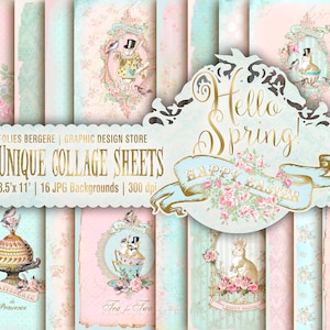 Easter Digital Paper, Hello Spring Paper Pack Shabby Chic Victorian Easter Cards Printable Cute Bunny Rabbit Spring Flowers Roses Bird Frame