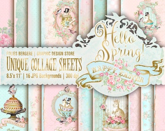 Easter Digital Paper, Hello Spring Paper Pack Shabby Chic Victorian Easter Cards Printable Cute Bunny Rabbit Spring Flowers Roses Bird Frame