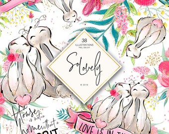 Spring Bunnies Clipart, Cute Bunny Love Easter Planner Stickers, Pink Pastel Floral Fabric Spring Flowers Surface Patterns.