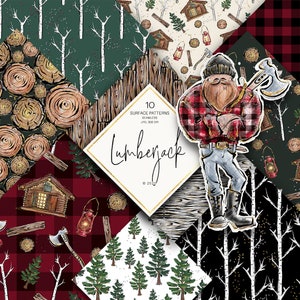 Lumberjack Digital Paper, Plaid Patterns, Wilderness Planner Stickers Paper Rustic Wood Cabin Fabrics Surface Patterns Design.