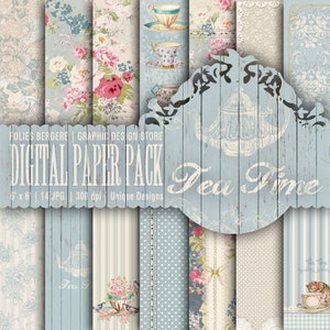 Tea Time Digital Paper Pack Tea Party Printable Paper Shabby Chic Paper Victorian Backgrounds Cute Tea Cup Teapot Shabby Roses Wood Papers