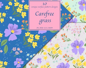 Carefree Grass Digital Papers, High Quality Designs, 10 JPGs - Digital Print, Watercolour, Commercial Use - Digital Download