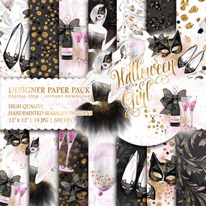 Halloween Party Paper Pack Cute Planner Girl Watercolor Fashion Illustrations Black Gold Glitter Digital Backgrounds Printable Stickers DIY