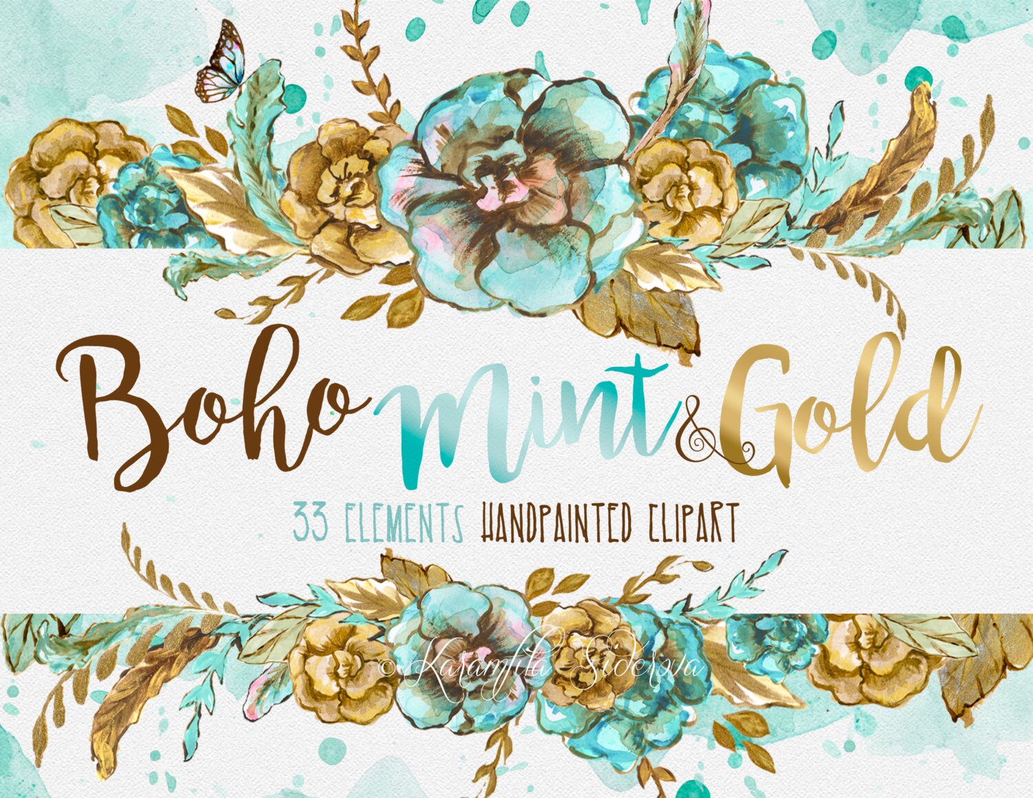 Watercolor Flowers Digital Clipart Boho Chic Wreath Mint Gold Handpai…