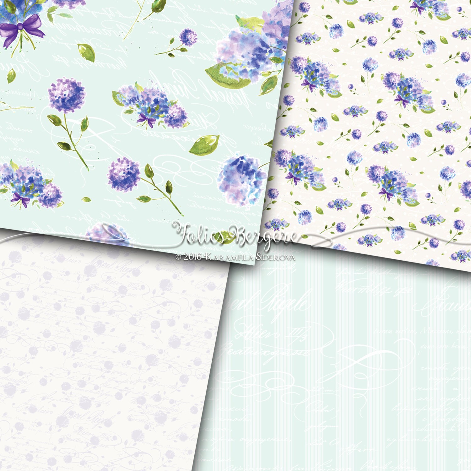 Watercolor Digital Paper Hydrangea Blue Purple Mint Violet | Etsy