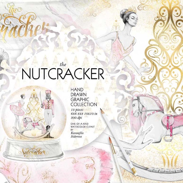 Nussknacker Clipart, Nussknacker Weihnachten Grafiken Aquarell Illustrationen Planner Sticker DIY Ballerina Schneekugel Goldfolie