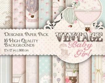 Baby Girl Digital Paper Pack, Vintage Baby Papers Shabby Baby Printable Backgrounds Cute Baby Air Balloons Shabby Chic Roses Twinkle Star