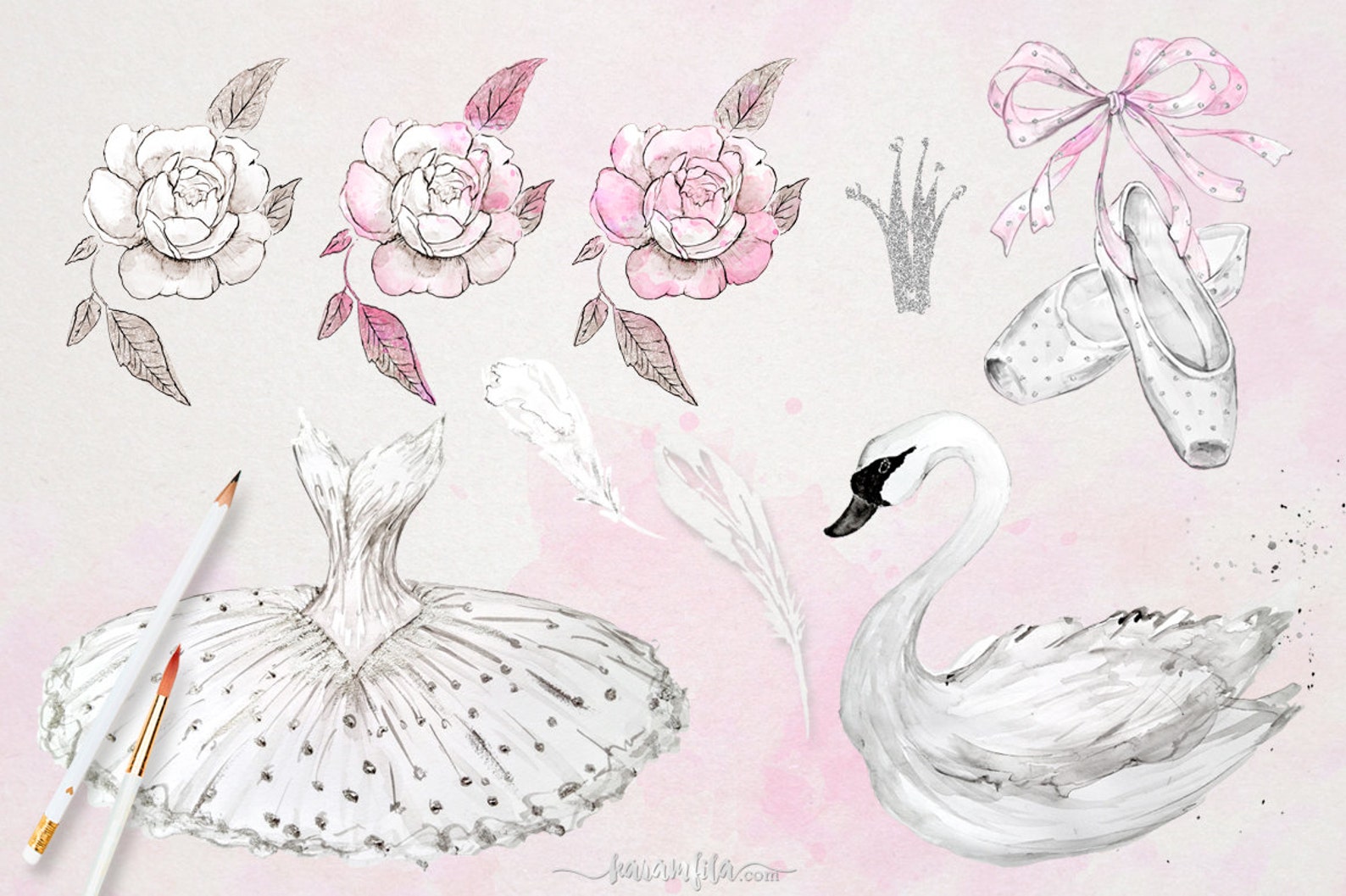 ballet clipart watercolor ballerina white swan lake illustration handpainted pointe shoes tutu dress feather crown silver glitte