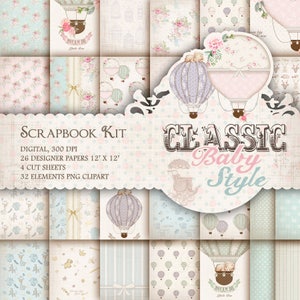 Vintage Baby Scrapbook Kit Baby Digital Paper Pack Shabby Baby Printable Backgrounds Tags Cute Baby Air Balloons Vintage Toys ClipArt DIY