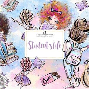 Schoolgirl's Life Clipart, School Planner Stickers Clipart, Glitter Pastel Back to School Print on Demand Illustrations.