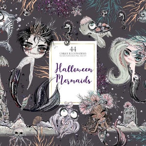 Halloween Mermaid Clipart, Spooky Dolls Halloween Planner Stickers, Nautical Halloween Castle Tombstone Skeleton Skull Bat Octopus Pumpkin