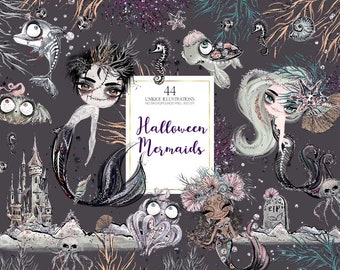 Halloween Mermaid Clipart, Spooky Dolls Halloween Planner Stickers, Nautical Halloween Castle Tombstone Skeleton Skull Bat Octopus Pumpkin