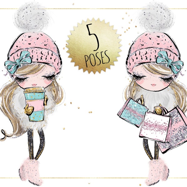 Tenue d’hiver Girl Fashion Clipart Sublimation PNG Planner Doll Cute Character Illustration. Option peau claire cheveux blond foncé.