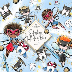 Superhero Boys Tooth Fairy Clipart Boy Fairies Planner Toothfairy Sticker Teeth Fairy Children's Glitter Custom Fabric Surface Print Pattern