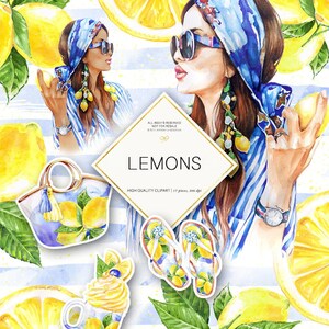 Lemons Clipart, Boho Fashion Clipart, Summer Clipart Fashion Illustrations, Fruits Clipart Watercolor Clipart Planner Stickers Supplies DIY