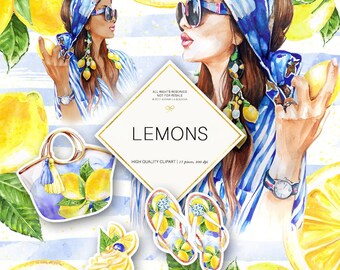 Lemons Clipart, Boho Fashion Clipart, Summer Clipart Fashion Illustrations, Fruits Clipart Watercolor Clipart Planner Stickers Supplies DIY