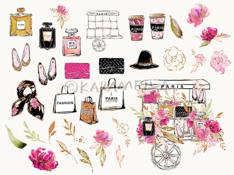 Spring Fashion Clipart Paris Flower Cart Clip Art Hot Pink - Etsy