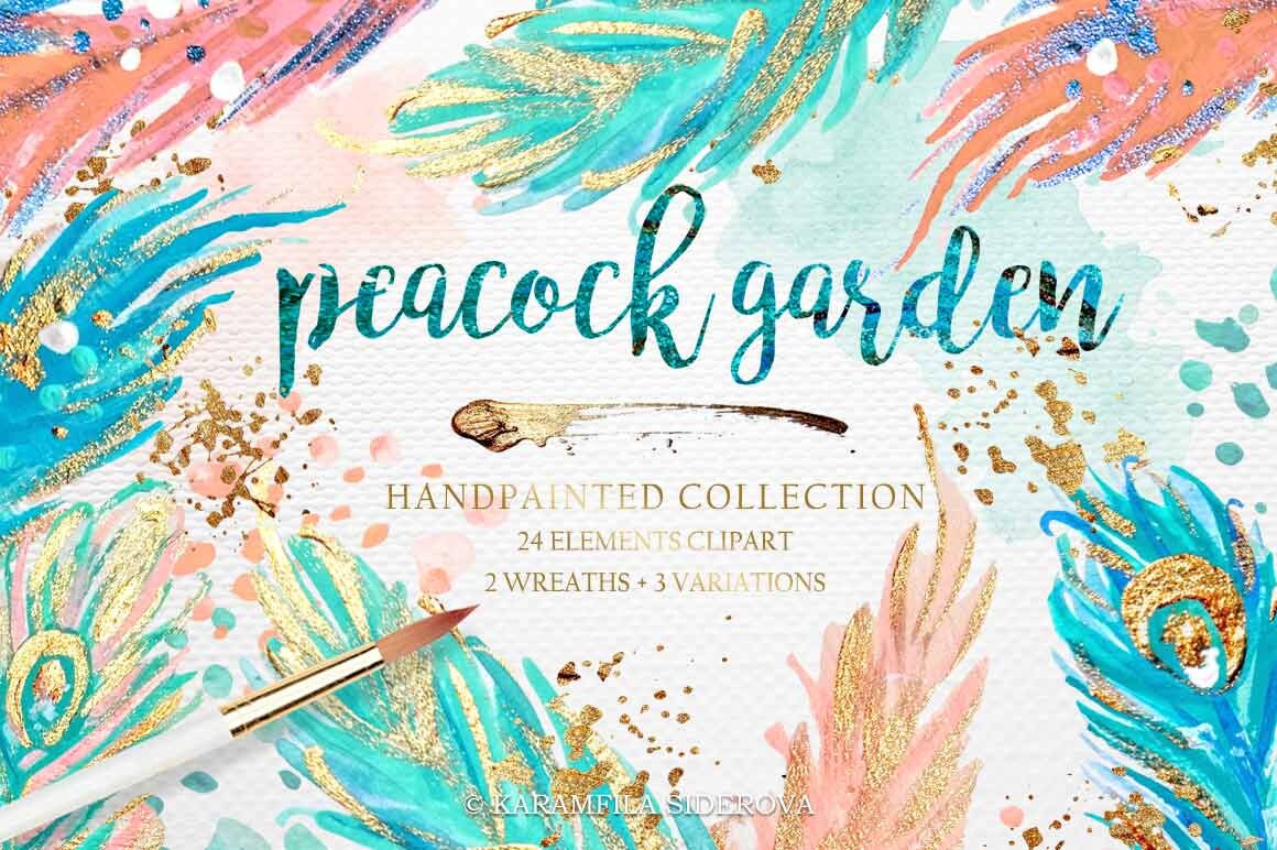 Handpainted Clipart Feathers Boho Chic Wreath Peach Mint Gold Glitter…