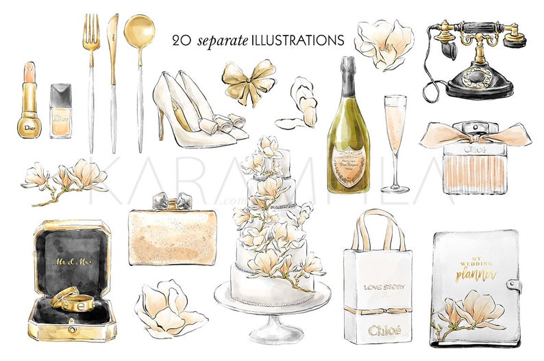 Wedding Clipart Bride and Groom Clipart Magnolia Clipart Peach Wedding Fashion Illustration Wedding Accessories Bridal Planner Stickers image 2