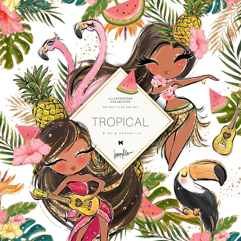 Tropical Clipart Glitter Flamingo Clipart Hula Girl Hawaii Aloha Clipart Watermelon Pineapple Clipart Ukulele Toucan Summer Planner Stickers