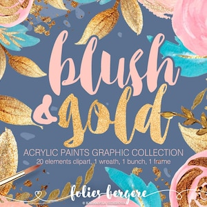 Blush & Gold Clipart Boho Chic Flower Wreath Peach Navy Gold Glitter Turquoise Pink Azure Floral Digital Clipart Wedding Stationary DIY Pack