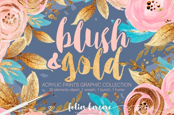 blush gold clipart boho chic flower wreath peach navy gold etsy